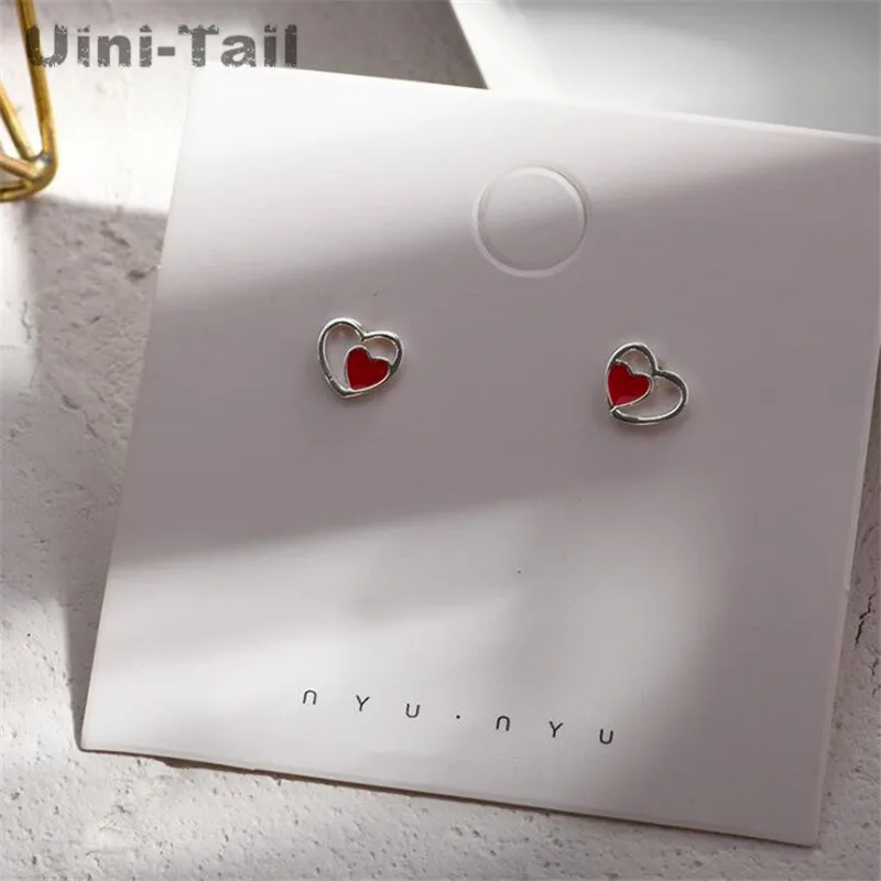 UiniTail hot new 925 Tibetan silver fashion red heart-shaped earrings temperament tide flow small heart-shaped ear jewelry ED177