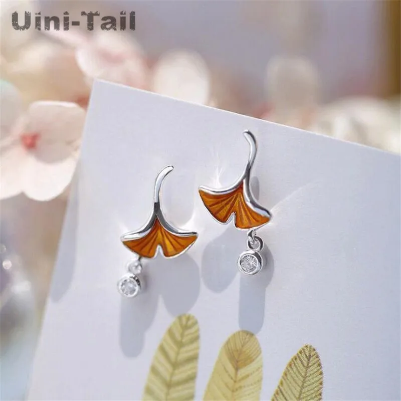 Uini-Tail hot new 925 Tibetan silver small fresh ginkgo leaves earrings Korean fashion tide flow high quality jewelry ED353