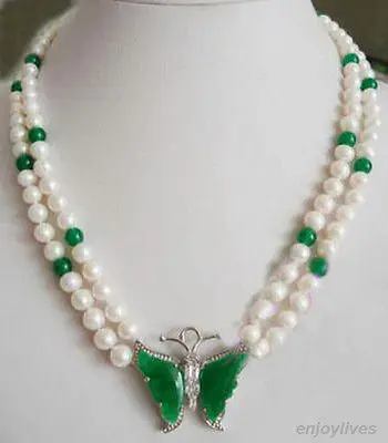 2 Rows Genuine Freshwater White 7-8MM Pearl Green Jade Crystal Butterfly Pendant Necklace