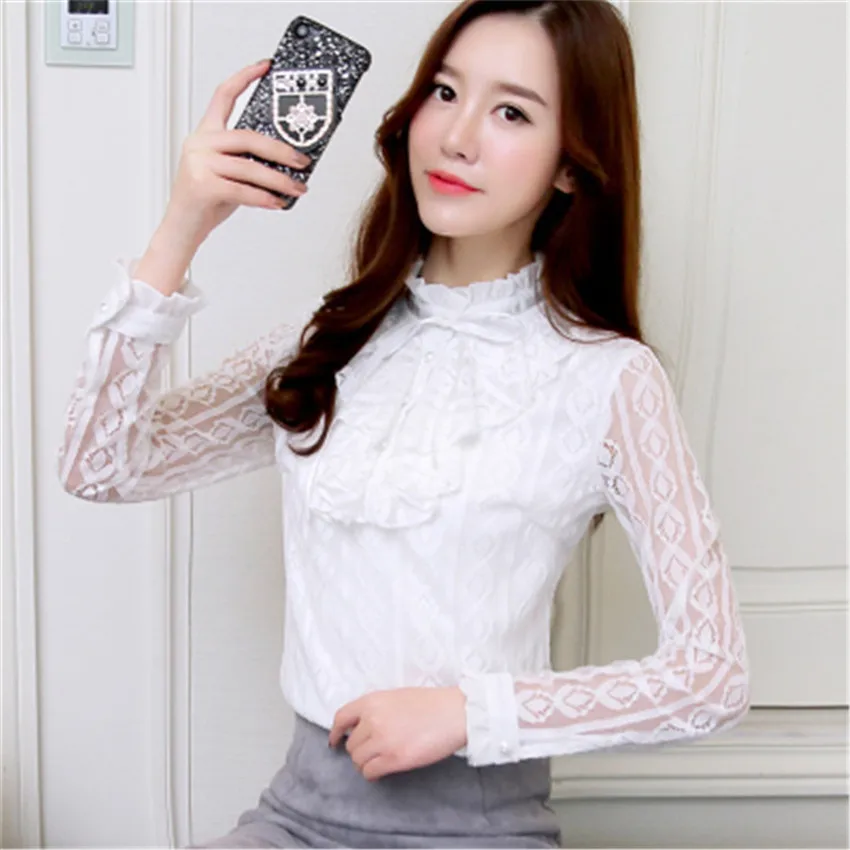 2019 Autumn Winter Slim Women Lace Blouses Female Plus Size Thick Velvet Bow Tie Shirts All-match Lady Tops Pullovers Brief W650