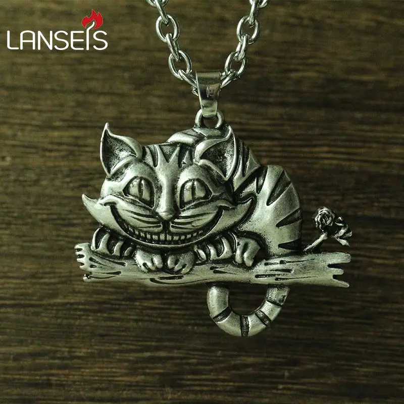 lanseis 10pcs viking cheshire cat women necklace pendant Sweater chain cute cat animal jewelry