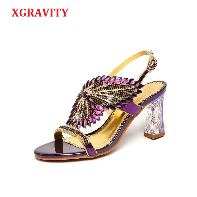 

XGRAVITY 2021 Sexy Women Genuine Leather Shoes Strange Chunky Heels Shoes Lady Transparent Heel Rhinestone Sandals Female A107