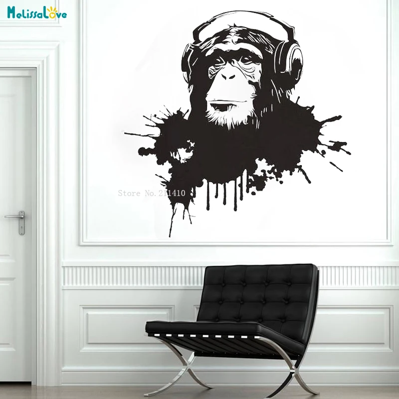 헤드폰으로 새로운 디자인 침팬지 음악 듣기 원숭이 벽 아트 DJ 비닐 데칼 스티커 낙서 스타일 이동식 벽화 YT1591