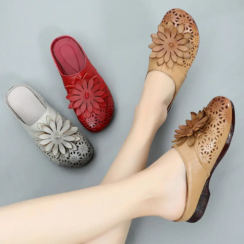 GKTINOO Vintage Genuine Leather Women Slippers Summer Shoes Flat Retro Slip On Flowers Hollow Sandal Shoes Sandalias Mujer