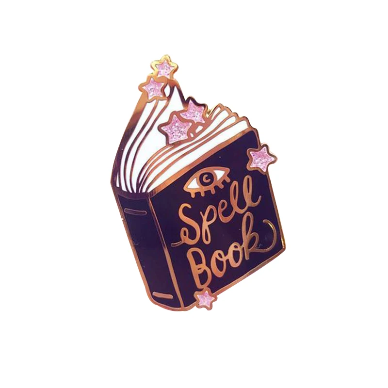 Spell book pin pink glitter stars brooch magical witchcraft badge bookworm gift witch occult jewelry