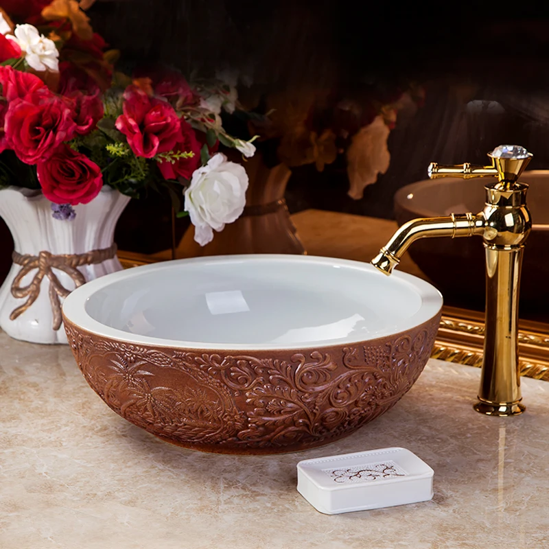 Europe Style Handmade Engraved Blocks Porcelain wash basin Countertop Lavabo Round Sink Bathroom Basin