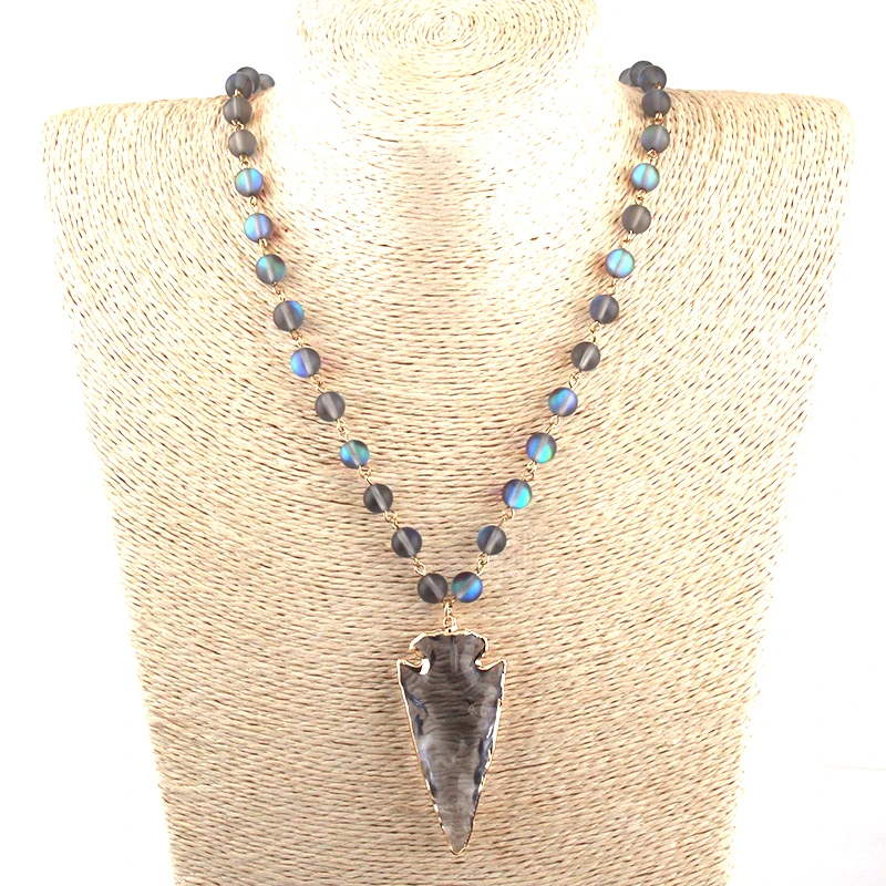 8mm Fashion Beautiful Shiny Crystal Rosary Chain  Crystal Arrowhead Pendant Necklaces Women Ethnic Necklace