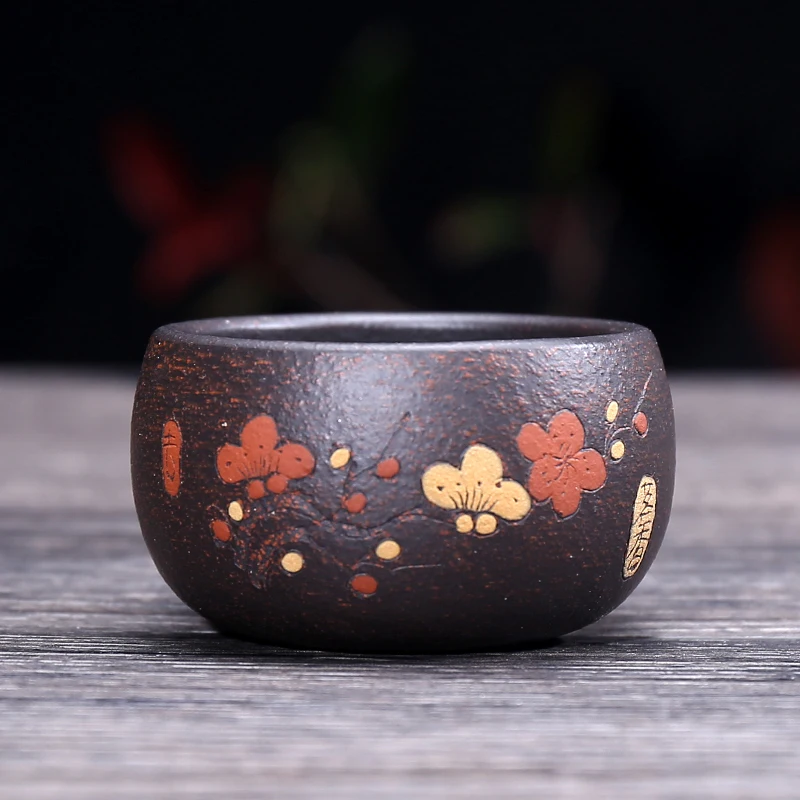 one cup real yixing zisha tea cups wintersweet flower relief handmade kungfu tea cup marked black galaxy clay cup of tea on sale