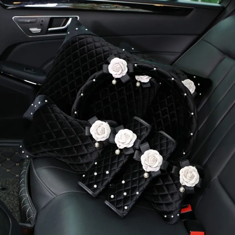 Winter Plush Flower Car Seat Interior Accessories Crystal Steering Wheel Cover Auto Headrest Neck Supports Gear Shifter Cover