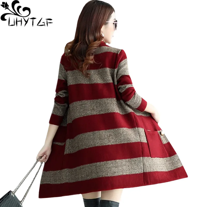 

UHYTGF Fashion Striped Knitted Female Cardigan Sweater Coat Long-Sleeved Double-Breasted Women Autumn Winter Sweater Jacket 1211