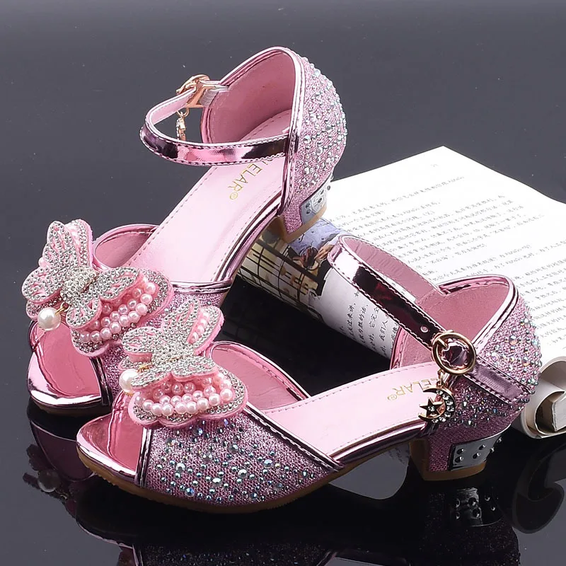 Little Girls Rhinestone Bow High-Heeled Sandals Princess Dancing Summer Pu Leather Shoe Big Girl 3 4 5 6 7 8 9 10 11 12 Year Old