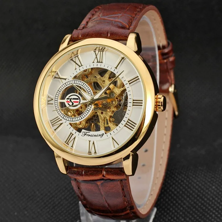 2019 Forsining Top Brand Hollow Engraving Black Gold Case Leather Skeleton Mechanical Business Watches Men Luxury Heren Horloge