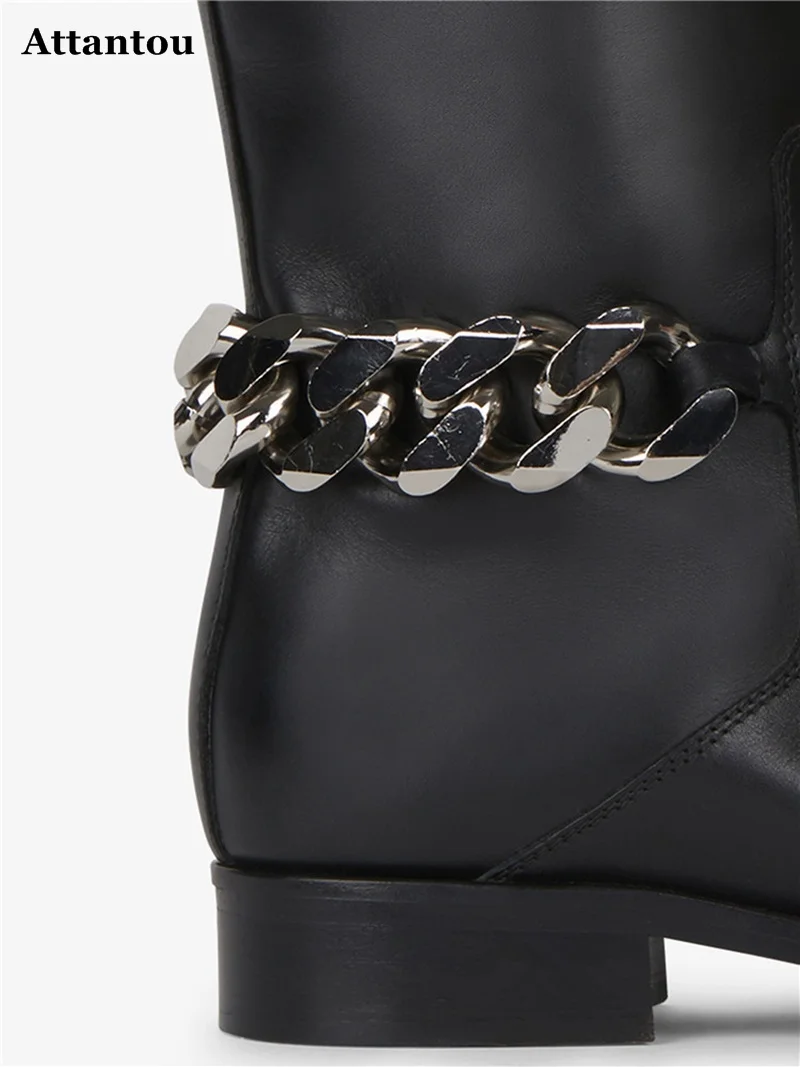 مصمم سلاسل دراجة نارية أحذية النساء المصارع Botte فام جلد طبيعي النساء أحذية طويلة حذاء برقبة للركبة امرأة الشتاء الأحذية #6