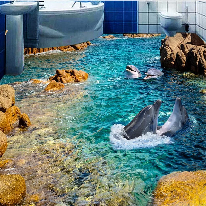 beibehang sticker 3D floor mural HD stone dolphin coast non-slip waterproof thickened self-adhesive PVC Wallpaper floor painting