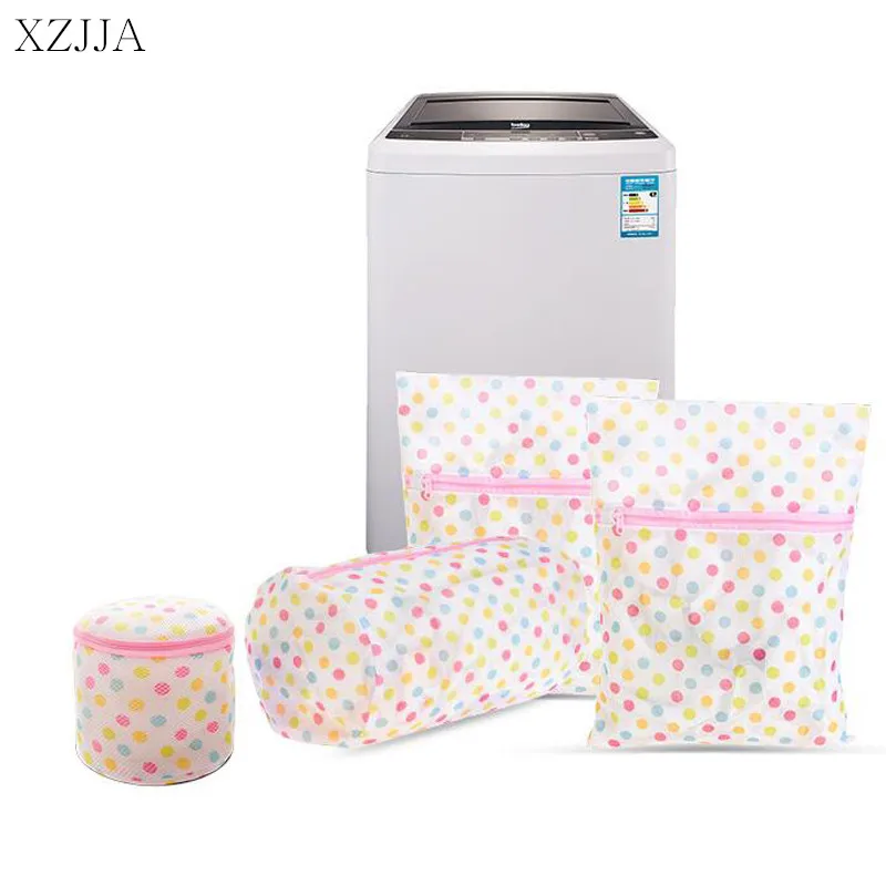 XZJJA 1PC Round Dots Zipper Laundry Bags Women Bra Underwear Washing Machine Mesh Bag Washing Pouch Clothes Protector Net Case