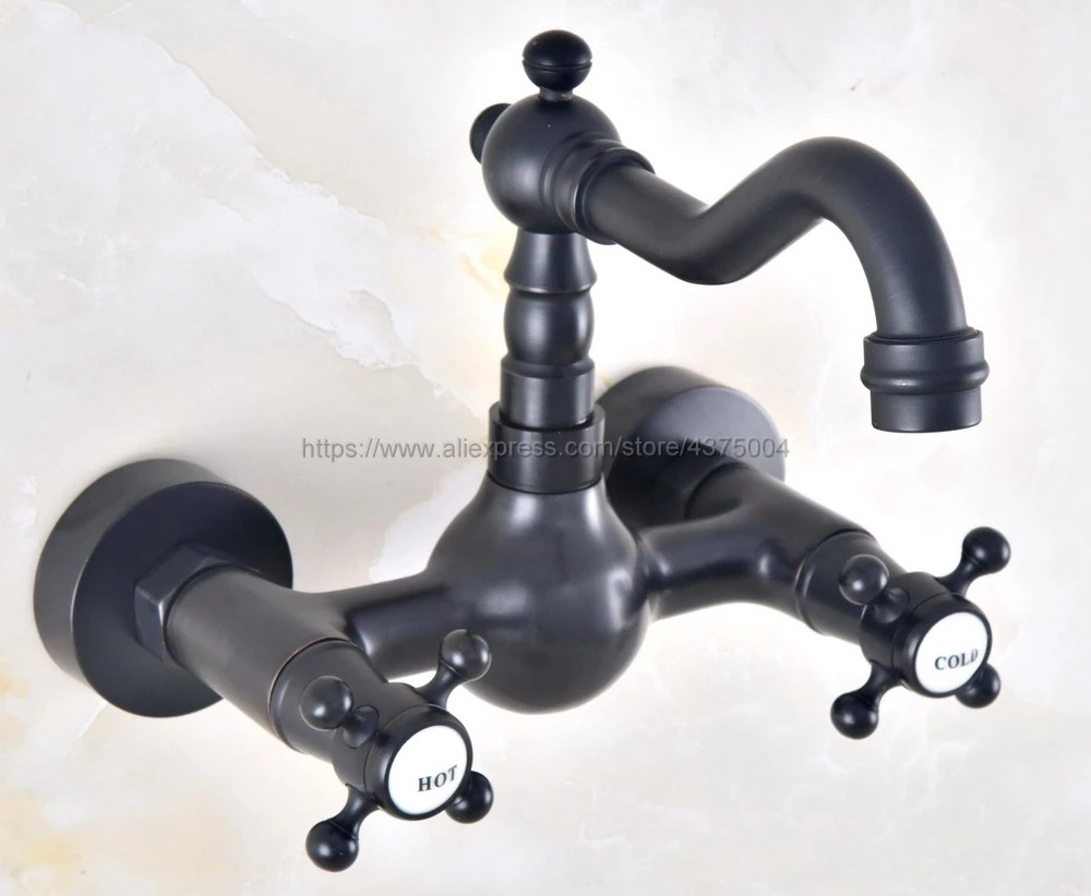 

Oil Rubbed Bronze Wall Mounted Basin Faucets Bath Faucets Double Handle Dual Hole Bathroom Sink Washbasin Water Mixer Tap Nnf463