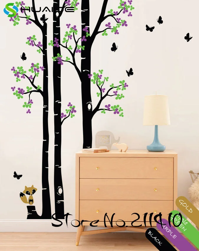 Large Tree With Cute Fox Butterflies Wall Stickers For Kids Room Baby Nursery Wall Tattoo Removable Vinyl Wall Decal Quote JW194