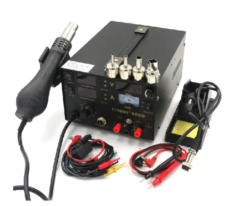 Free shipping 3 in 1 Hot air gun rework station SAIKE 909D Soldering station power supply soldering machine 220V or 110V