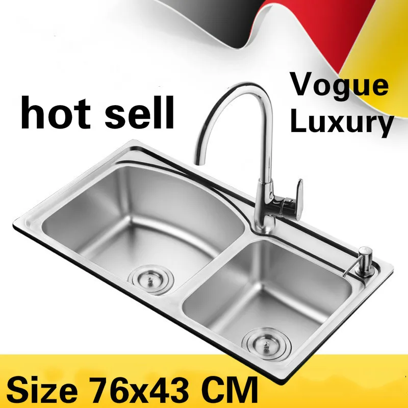 

Free shipping Apartment wash vegetables high quality kitchen double groove sink 304 stainless steel luxury hot sell 760x430 MM