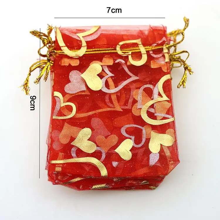 Heart Red Bronzing Organza Jewelry Packaging Gift Bags Sheer Organza Pouch Small Bags For Gifts 7x9cm 100pcs/lot Wholesale