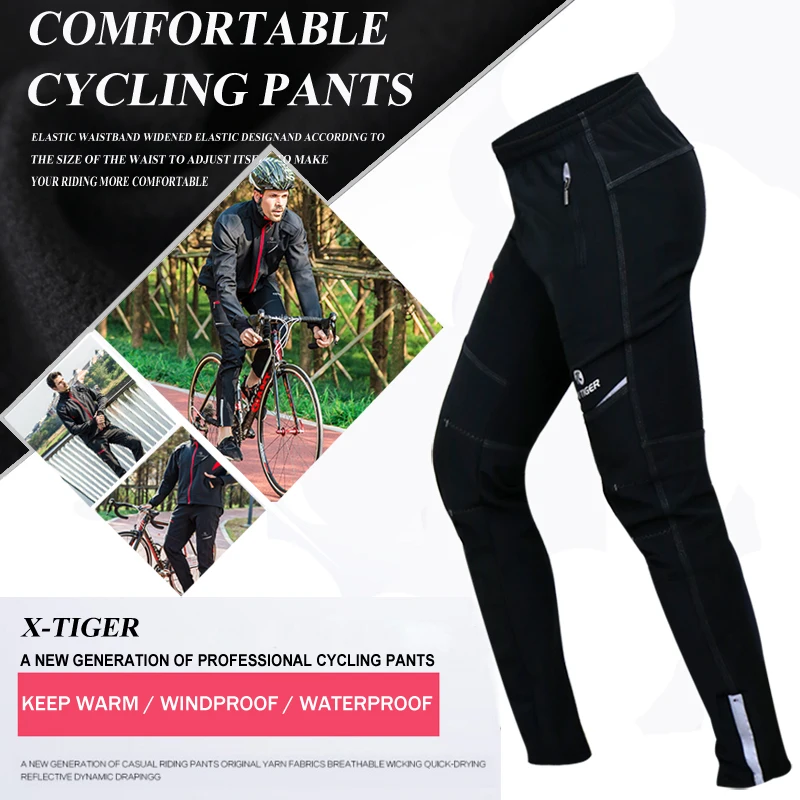 X-TIGER Multifunction Winter Fleece Thermal Reflective Cycling Pants Elastic Waist Long Bicycle Pants Windproof Bike Trousers