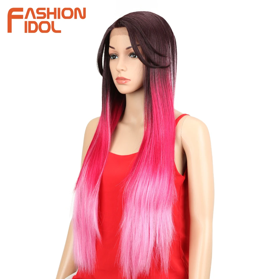 FASHION IDOL Synthetic Wigs For Black Women Straight Hair Long 32 Inch Ombre Red L Lace Wigs Synthetic Hair Heat Resistant Fiber