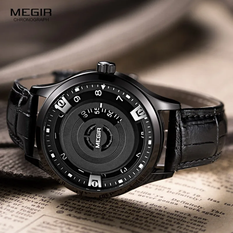 Megir Mens Fashion Black Leather Quartz Wristwatches Hot Water Resistant Battery Quartz Watch for Man Male1067