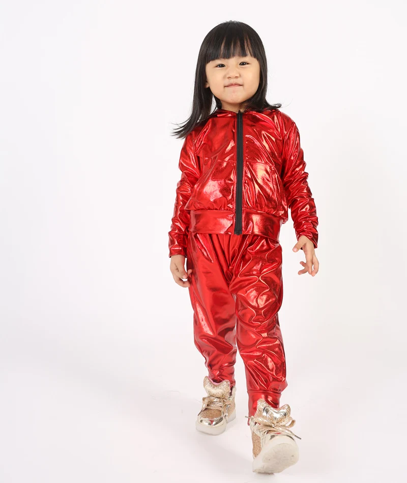 Spring Autumn Kids Red Bomber Jacket Stage Performance Wear Paillette Feminina Casaco Hip Hop Dance Coat