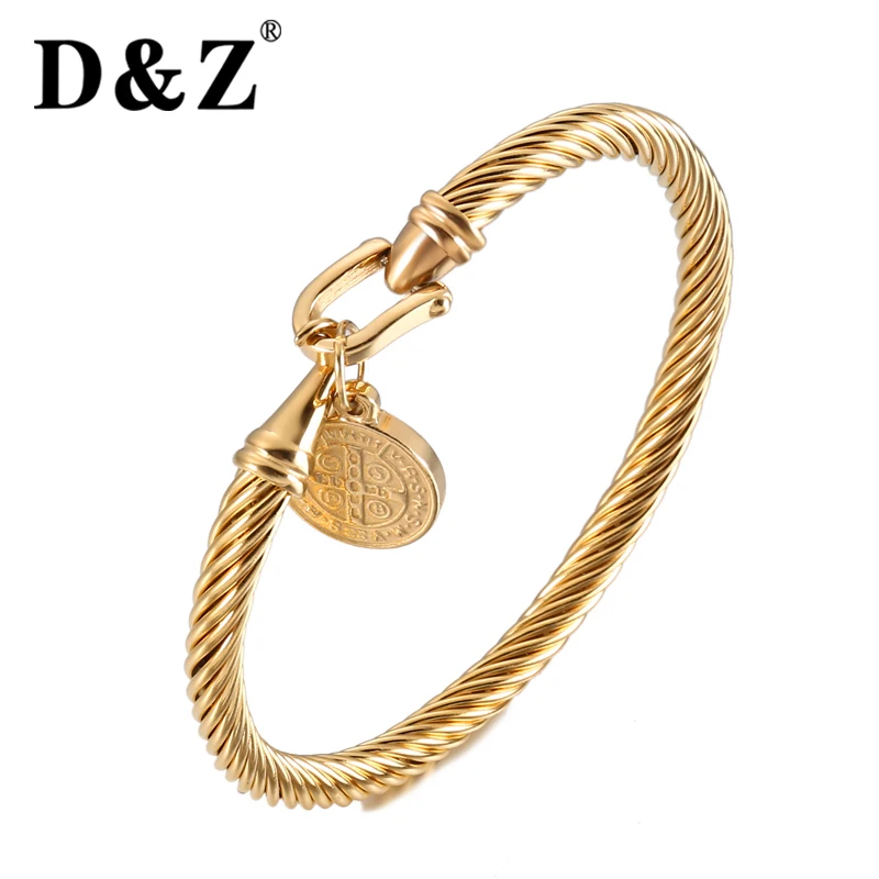 D&Z Saint Benedict Medal Charm Bracelet & Bangle Women Gold Color 316L Stainless Steel Wire Bangles Jewelry San Benito