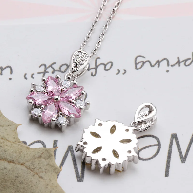 Buyee 925 Sterling Silver Flower Pendant Chain Pink & Yellow Crystal Cherry Blossoms Pendant for Woman Fine Jewelry Chain
