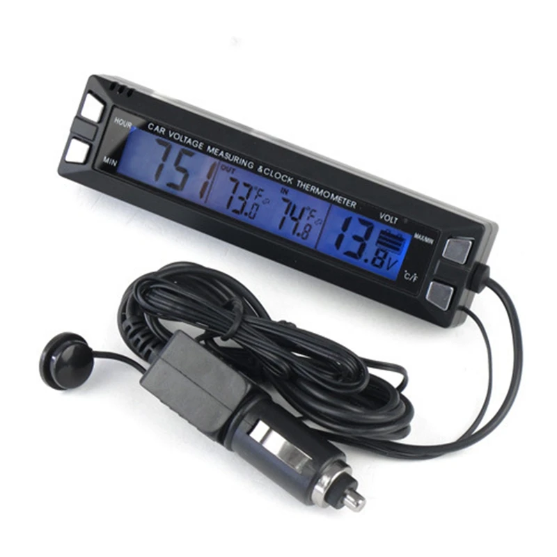 12V 24V Car Thermometer LCD Digital Indoor Outdoor Vehicle Voltage Monitor Clock Car Temperature Meter Voltmeter Cable Sensor