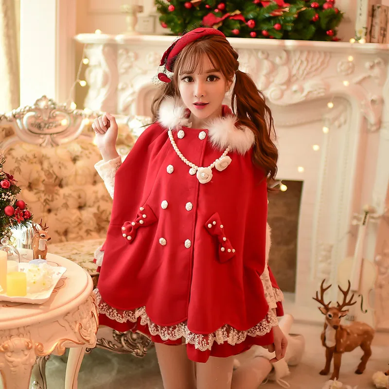 Princess sweet lolita coat Candy rain new winter christmas new year lace bow fur collar with chain hooded Woolen cloak C15CD5926