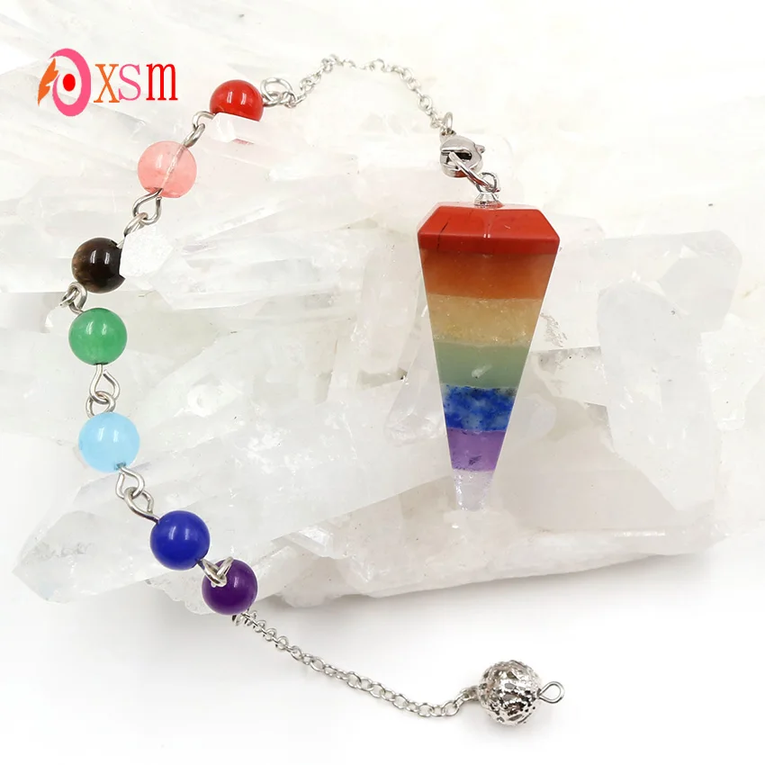 xinshangmie New Stylish Natural Rainbow 7 Color Hexagonal Pyramid  Reiki Pendulum Pendants 7 Chakras Chain Fashion Jewelry