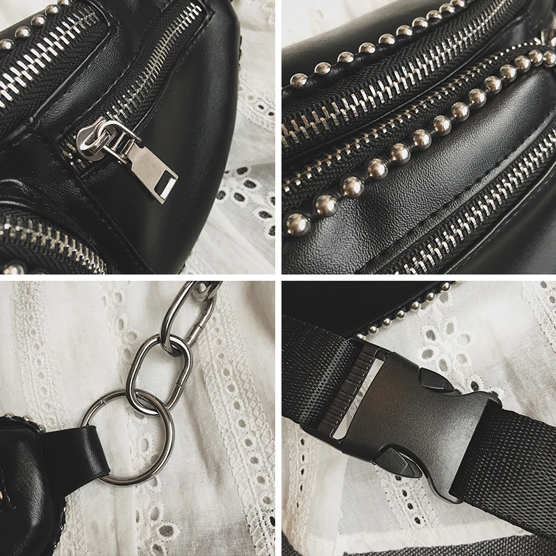 JIEROTYX Leather Waist Bag Women Luxury Brand Waist Fanny Packs Belt Bag Chest Handbag Black Color Sexy Rivets Punk Gothic