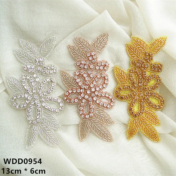 

(30pcs) Customized wholesale beaded bridal Rhinestone flower Applique patch gold iron on for wedding dress WDD0954