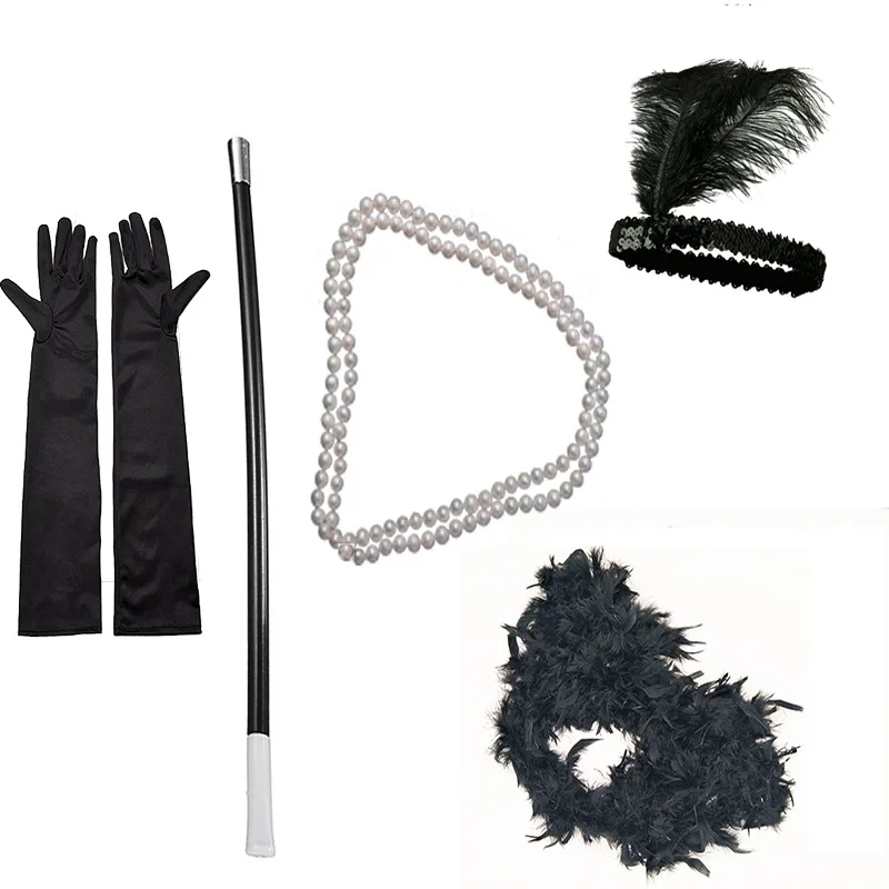 Senhoras 1920s flapper menina gatsby fantasia vestido acessórios 5 pçs conjunto festa de galinha charleston gangster menina traje acessório