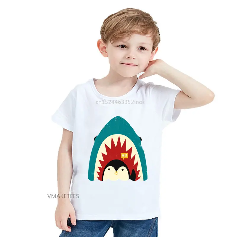 

2018 Summer Girls & Boys Short Sleeve T shirt Children Penguin In The Shark Say Hi Print T-shirt Baby Kids Funny Clothes,HKP5701