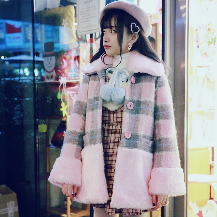 Princess sweet lolita student coat BOBON21 Pink stuffed lamb wool warm coat Gray Pink Plaid C1432