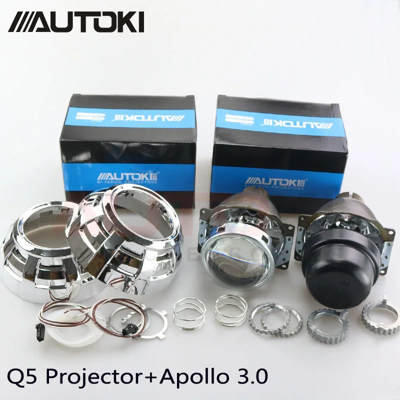 Autoki Car Styling Automobiles Metal Q5 3.0 inch HID Bi xenon Headlight Projector Lens+Apollo 3.0 Shrouds Use D2S D2H Bulbs Lamp