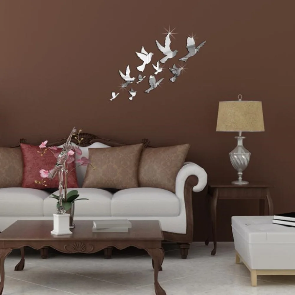 10pcs Peace Pigeons Pattern Flying Birds Acrylic 2014 Crystal Reflective DIY Mirror Effect 3D Wall Stickers Home Decoration