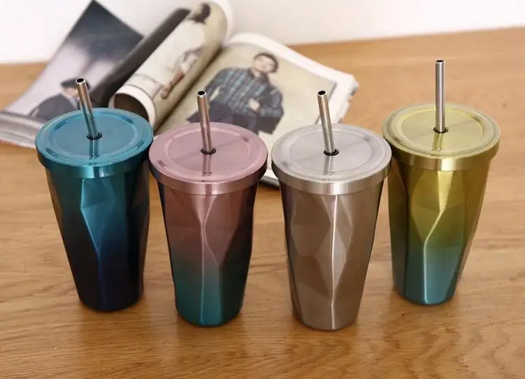 10pcs 500ml Gradient diamond Stainless Steel coffee Mug with Lid straw Drinking Coffee Double walled tumbler Straw Cup