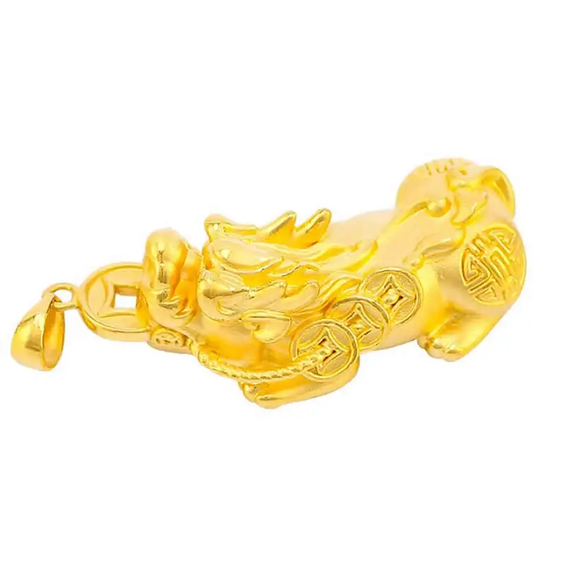 24K Yellow Gold Pendant Pure 3D Yellow Gold Dragon Son Coin Pixiu Necklace Pendant P6206