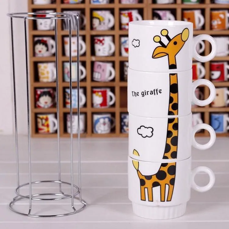 Tazza di giraffa creativa animale 3D tazze da caffè in ceramica dipinte a mano da tè in ceramica includono 4 tazze e 1 ripiano in ferro