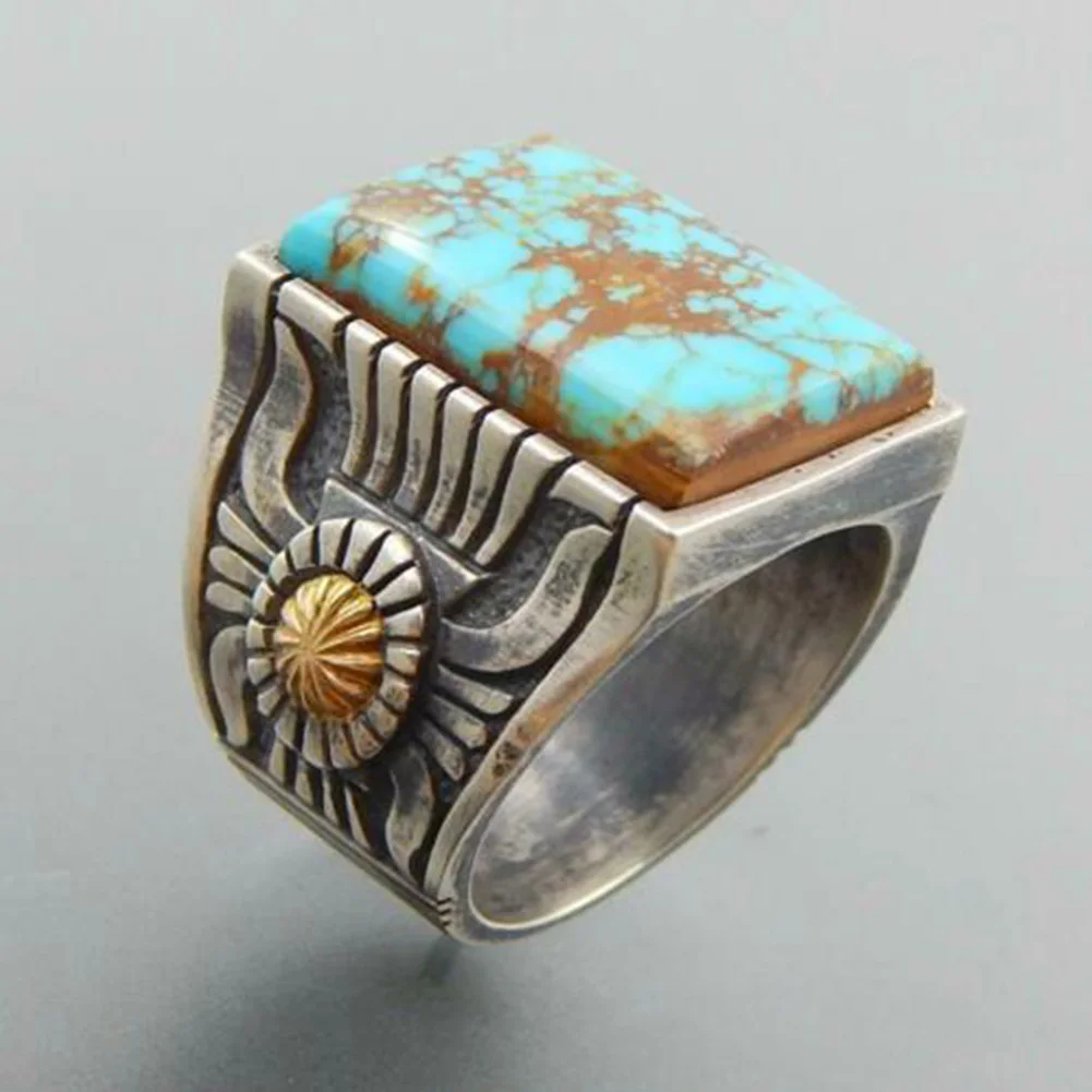 Nepal Retro Simulated Turquoise Inlaid Ring Tibetan Silver Women Open Rings Banquet Jewelry Gift