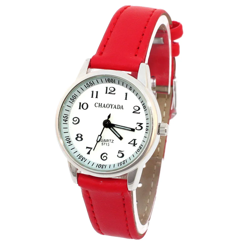 Montre à quartz avec bracelet en cuir pour enfants, facile à lire, mouvement, boîtier argenté, 10 couleurs, 28mm