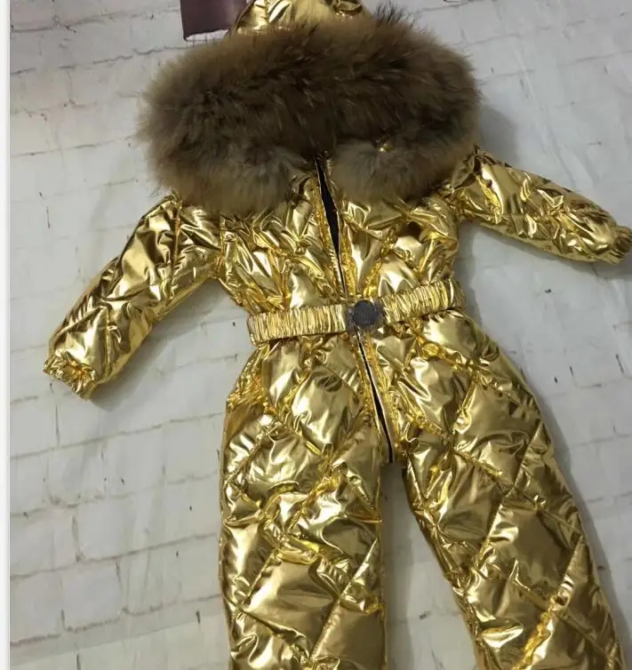 115cm -155cm jumpsuits 2021 Winter Jacket Children jumpsuit duck down Fur hooded girl snowsuit boy Suit set outerwear ski suit