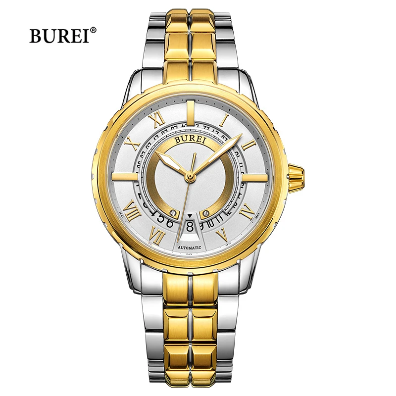 BUREI Brand Gold Silver Automatic Watches Mens Luxury Waterproof NH35 Movement Mechanical Wristwatch Clock for Men Reloj Hombre