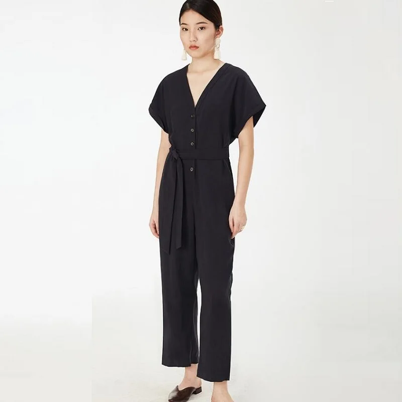 หลวม Casual Jumpsuit 2019 ฤดูร้อนปุ่ม Overalls V คอแขนสั้นผู้หญิง Playsuit Elegant Jumpsuits สำหรับผู้หญิง 2019 DD2188