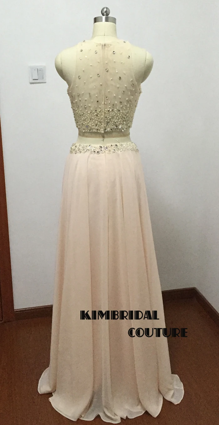 Actual Image Evening Dresses Sheer Crew Neckline Beading Sequins Crystal Chiffon Two Pieces Peach Prom Dresses Real Picture