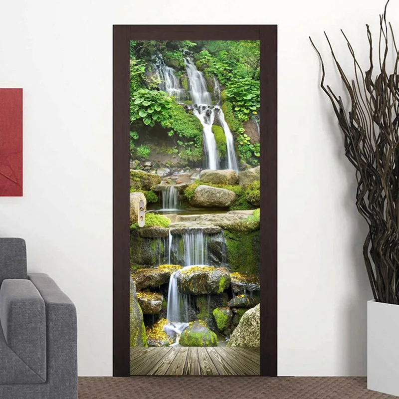 

Scenery 3D PVC Waterproof Door Sticker Waterfalls Stone Wallpaper Living Room Restaurant Door Decals Self-Adhesive Home Stickers